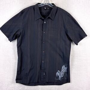 VTG Y2K Rusty Camp Shirt Mens XXL Black Stripe Streetwear Surf Skate Going Out